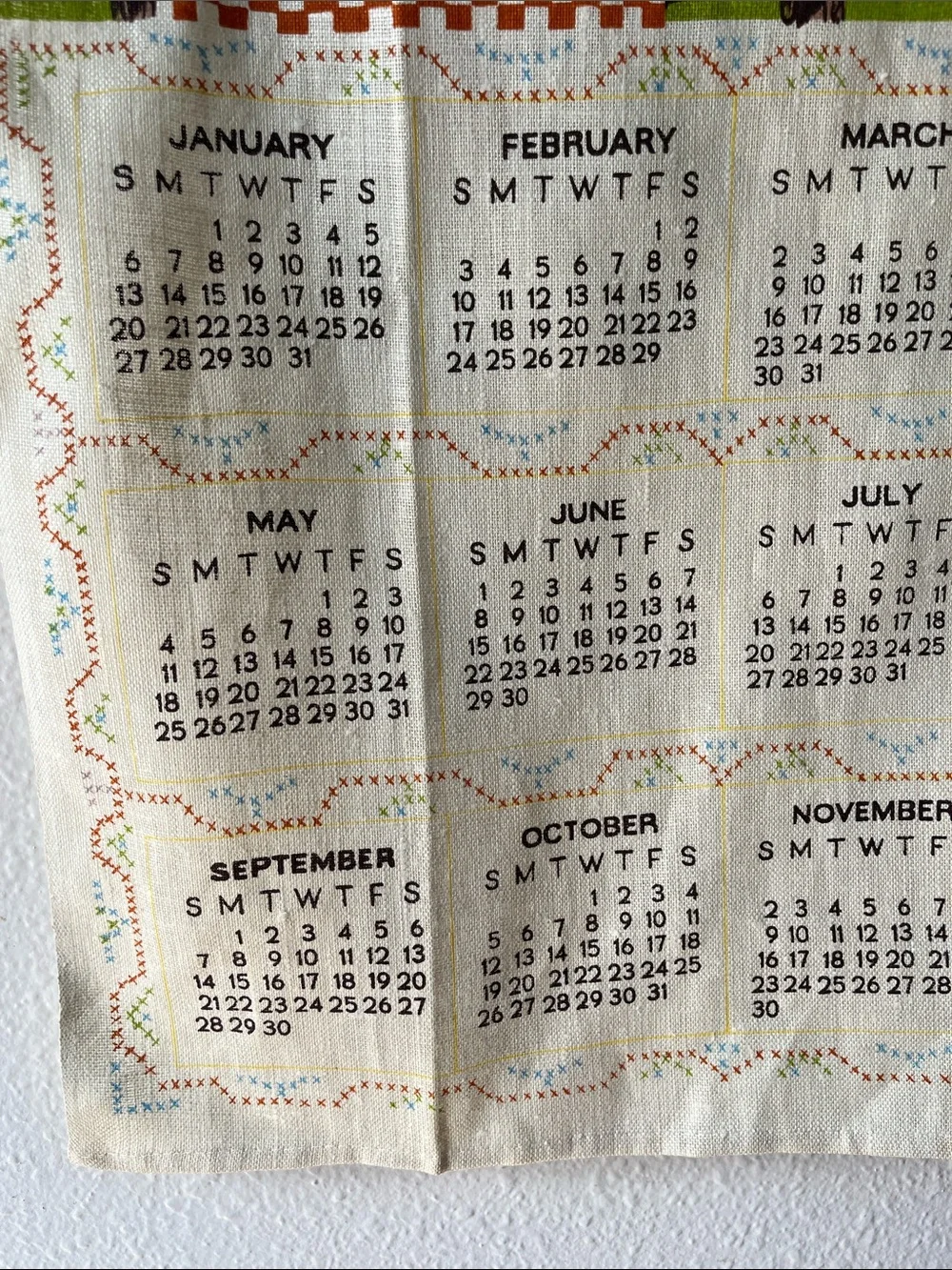 Vintage Tea Towel Fabric Wall Hanging 1980 Yearly Calendar Daily Bread